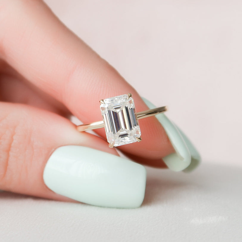 3.0 CT Emerald Cut Solitaire & Hidden Halo Moissanite Engagement Ring - crownmoissanite