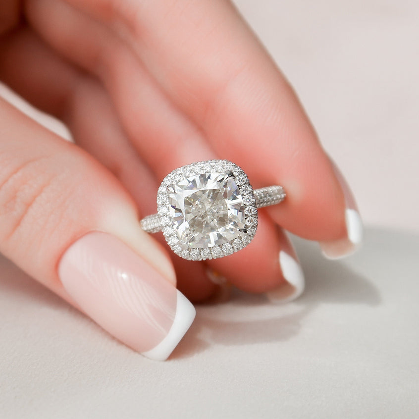 4.0 CT Cushion Halo Pave Moissanite Engagement Ring - crownmoissanite