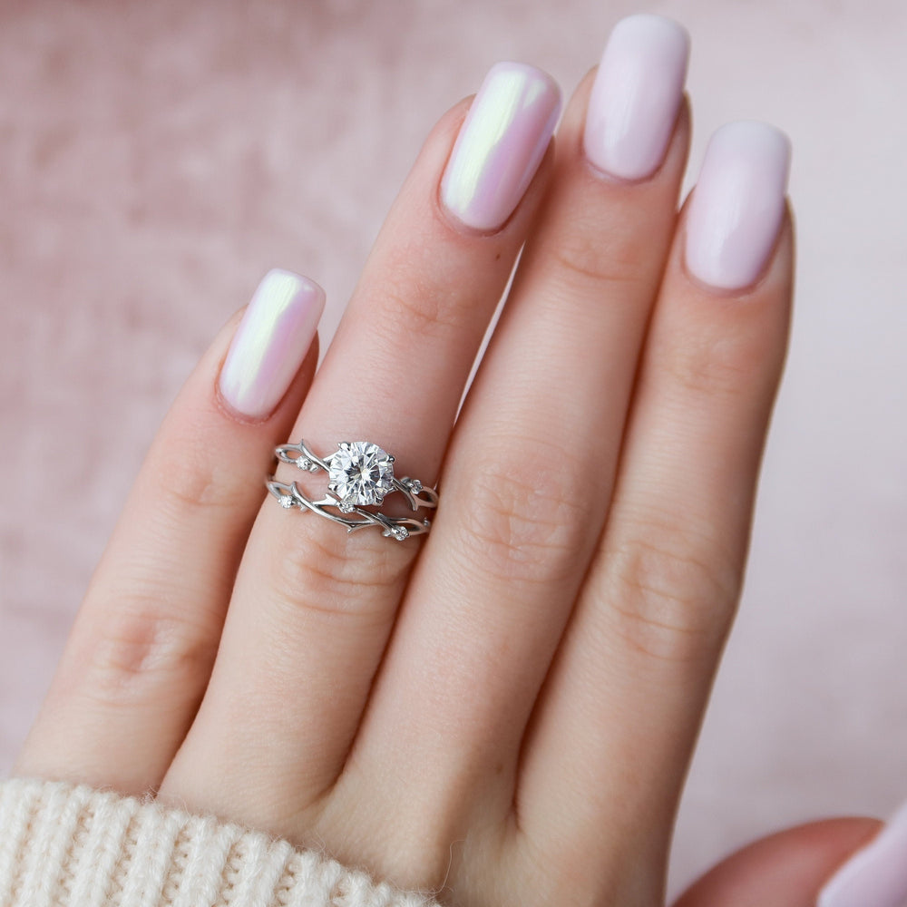 1.0 CT Round Twig Style Pave Moissanite Engagement Ring - crownmoissanite