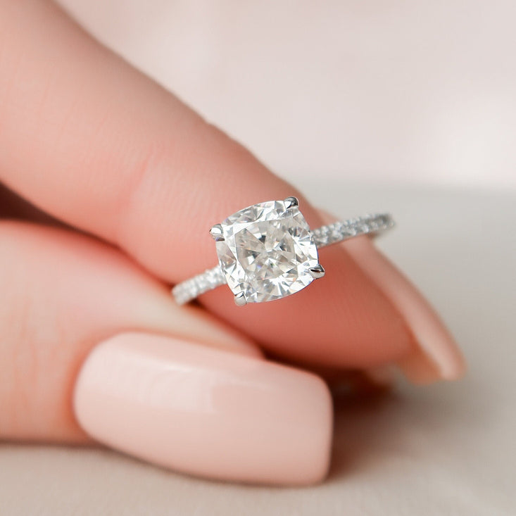1.5 CT Cushion Hidden Halo & Pave Setting Moissanite Engagement Ring - crownmoissanite