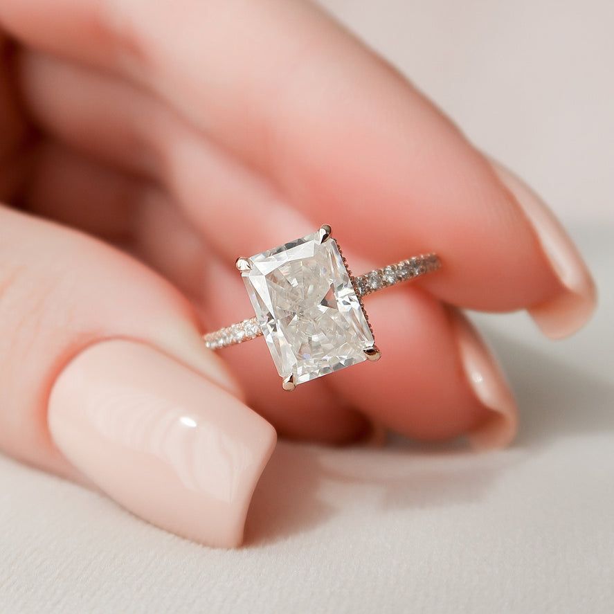3.0 CT Radiant Pave & Hidden Halo Moissanite Engagement Ring - crownmoissanite