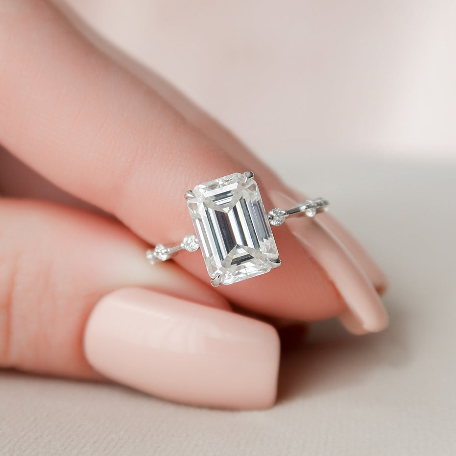 3.0 CT Emerald Cut Dainty Style Pave Moissanite Engagement Ring - crownmoissanite