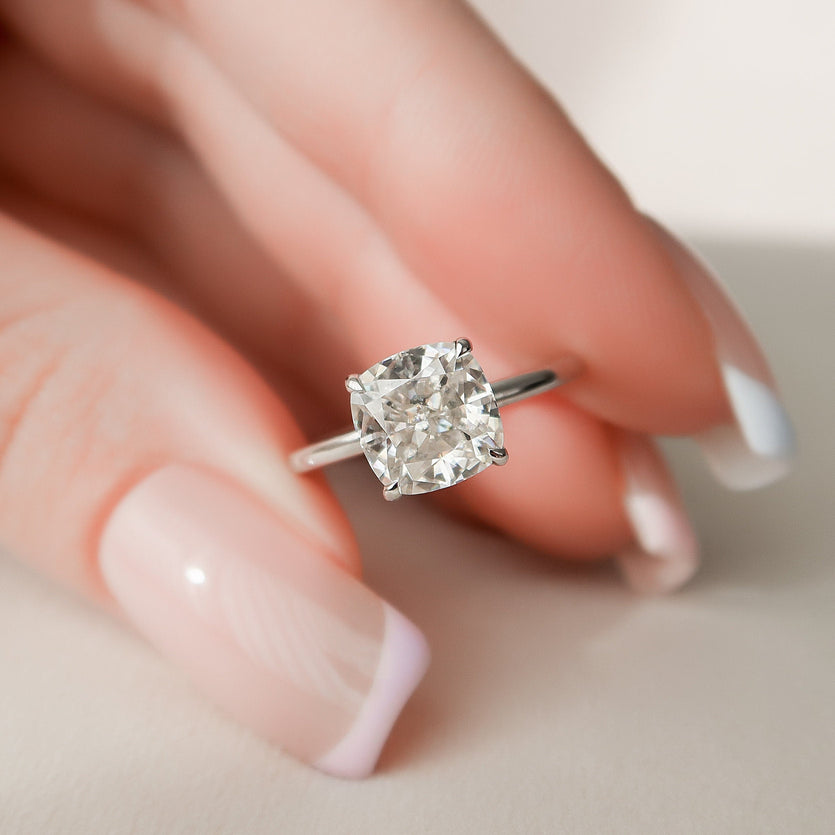 2.0 CT Cushion Hidden Halo & Solitaire Moissanite Engagement Ring - crownmoissanite