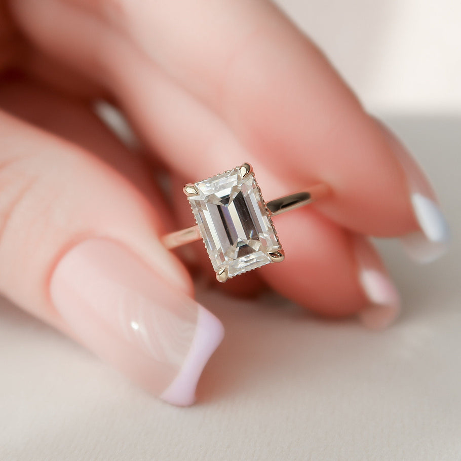 1.0 - 3.0 CT Emerald Cut Solitaire & Hidden Halo Moissanite Engagement Ring - crownmoissanite