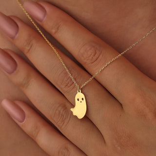 Solid Plain Gold Halloween Tiny Ghost Pendant Necklace