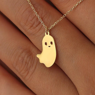 Solid Plain Gold Halloween Tiny Ghost Pendant Necklace