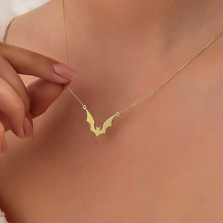 Solid Plain Gold Halloween Dainty Bat Pendant Necklace