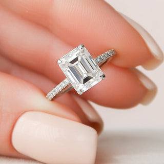 3.0 CT Emerald Cut Hidden Halo & Pave Moissanite Engagement Ring - crownmoissanite