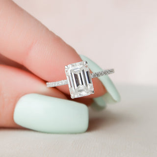 3.0 CT Emerald Cut Hidden Halo & Pave Moissanite Engagement Ring - crownmoissanite