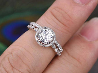 1.5 CT Round Cut Halo Pave Setting Moissanite Bridal Ring Set - crownmoissanite