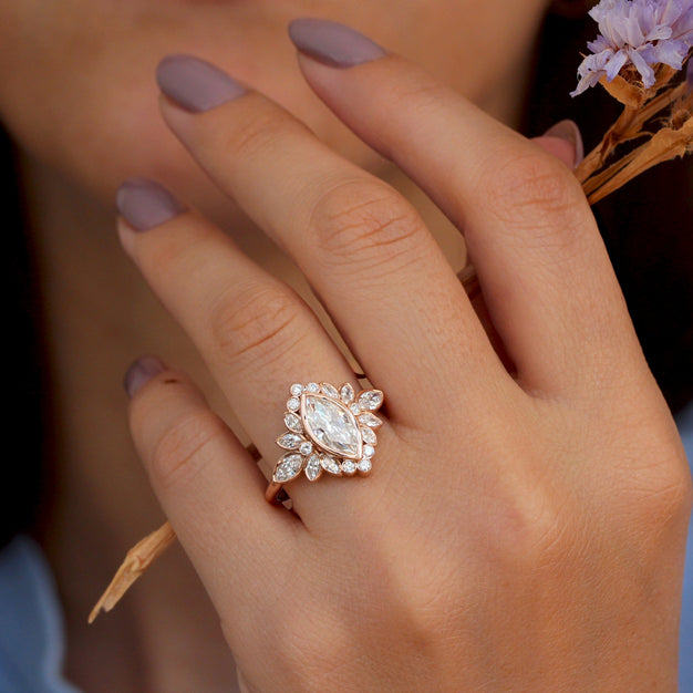 1.0 CT Marquise Moissanite Bezel Setting Unique Engagement Ring