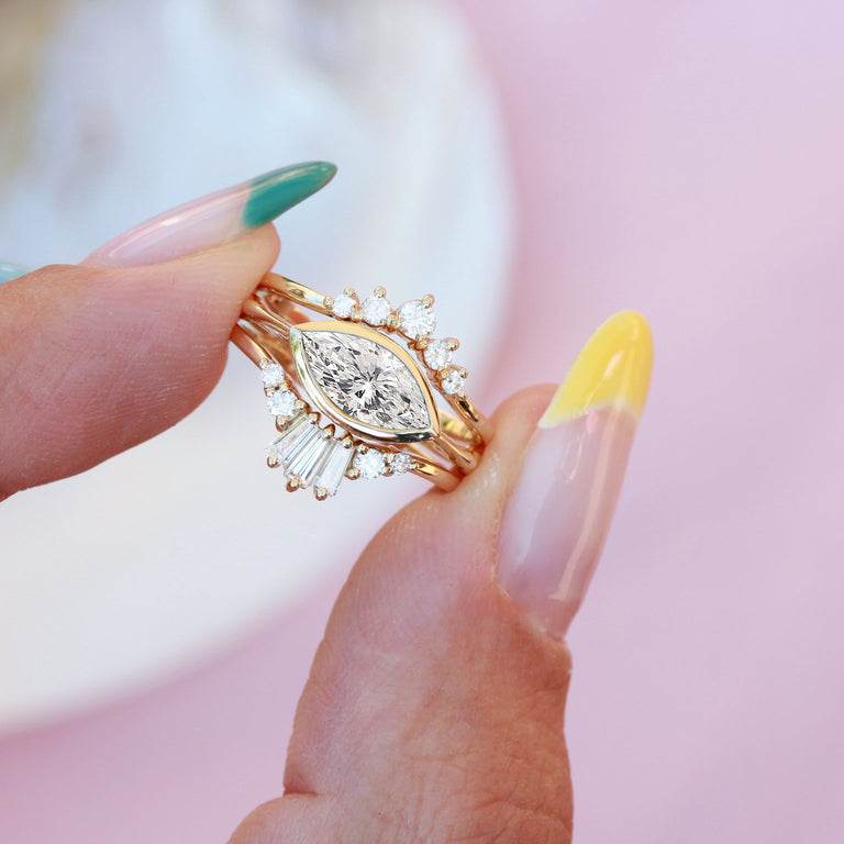 1.0 CT East West Marquise Moissanite Bezel  Engagement Ring