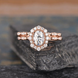 1.50 CT Oval Cut Halo Moissanite Bridal Ring Set - crownmoissanite