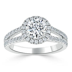 1.35 CT Round Shaped Moissanite Halo & Split Shank Engagement Ring - crownmoissanite