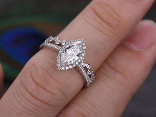 1.0 CT Marquise Cut Halo Moissanite Bridal Ring Set - crownmoissanite