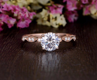 1.35 CT Round Cut Solitaire Milgrain Pave Setting Moissanite Engagement Ring - crownmoissanite