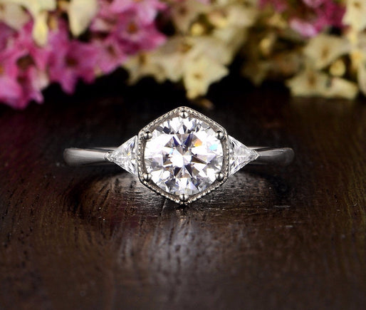 1.60 CT Round Shaped Moissanite Three Stones Vintage Engagement Ring - crownmoissanite