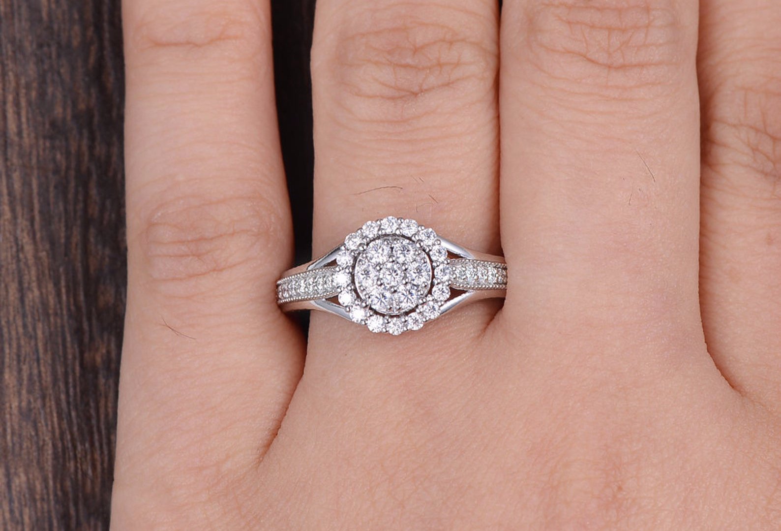 1.0 CT Round Cut Halo Pave Moissanite Engagement Ring - crownmoissanite