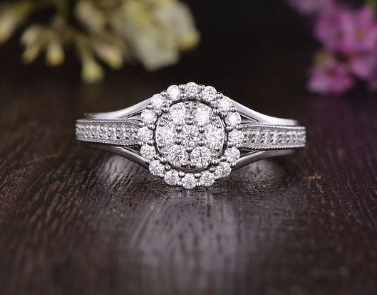 1.0 CT Round Cut Halo Pave Moissanite Engagement Ring - crownmoissanite