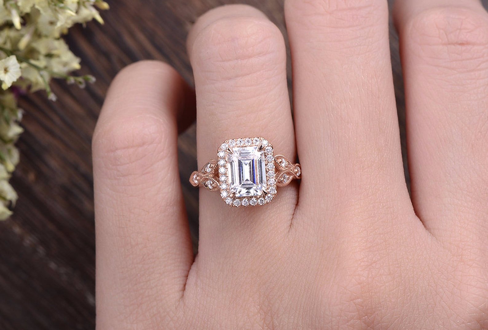 1.0 CT Emerald Cut Halo Moissanite Engagement Ring - crownmoissanite