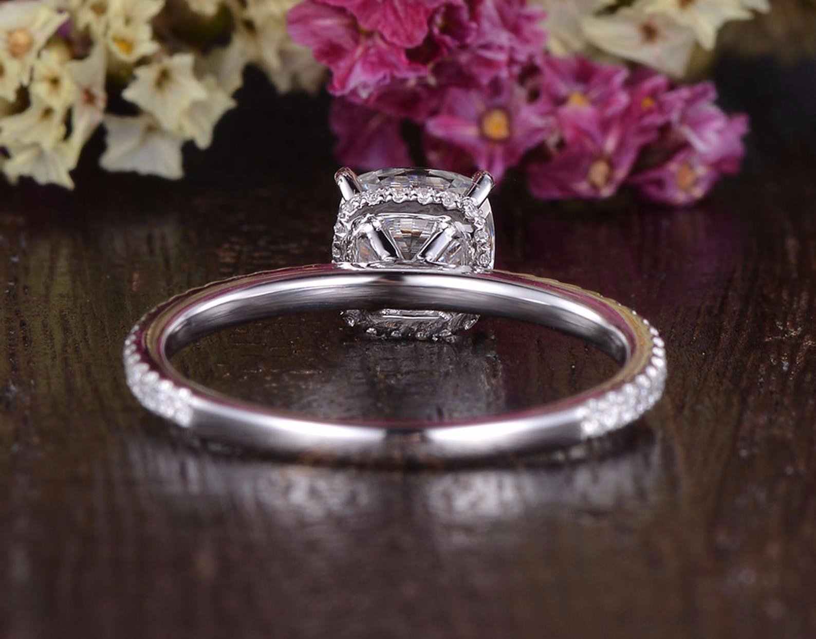 0.75 CT Cushion Hidden Halo Pave Moissanite Engagement Ring - crownmoissanite