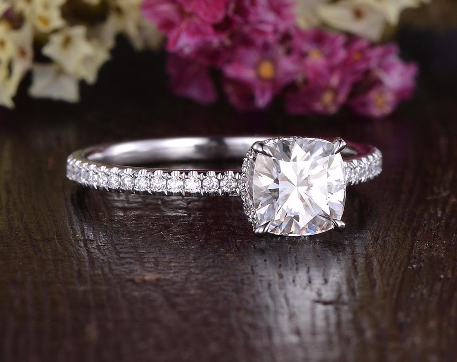 0.75 CT Cushion Hidden Halo Pave Moissanite Engagement Ring - crownmoissanite