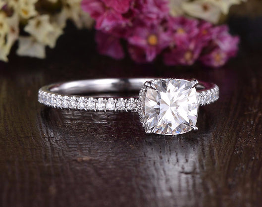 0.75 CT Cushion Hidden Halo Pave Moissanite Engagement Ring - crownmoissanite