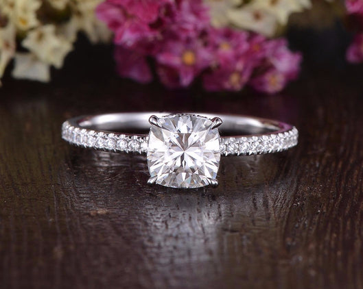0.75 CT Cushion Hidden Halo Pave Moissanite Engagement Ring - crownmoissanite