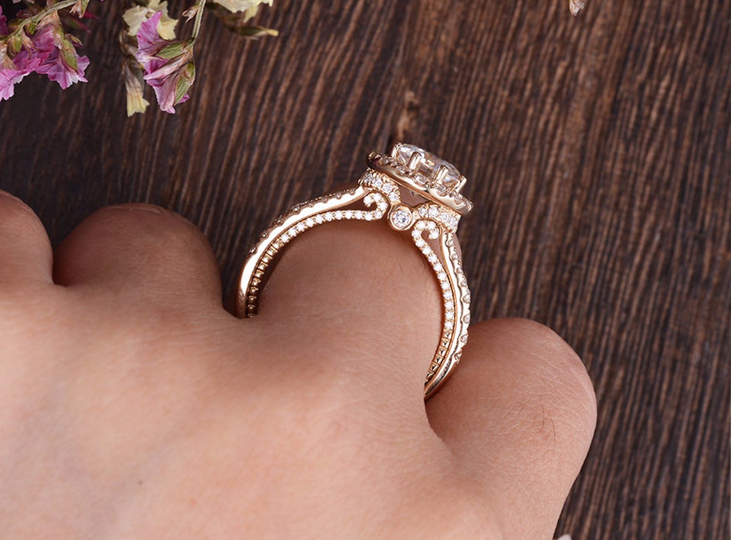 1.60 CT Round Cut Halo Split Shank Setting Moissanite Engagement Ring - crownmoissanite