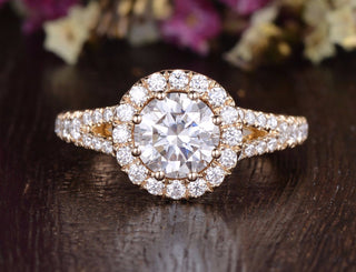 1.60 CT Round Cut Halo Split Shank Setting Moissanite Engagement Ring - crownmoissanite