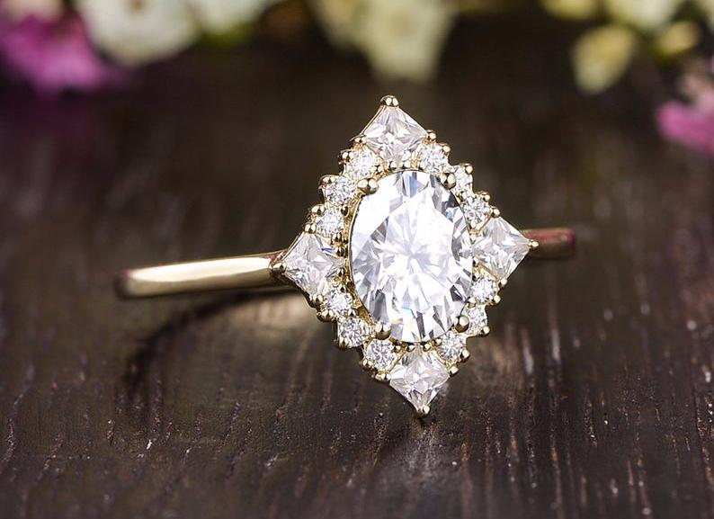0.75 CT Oval Cluster Halo Moissanite Engagement Ring - crownmoissanite