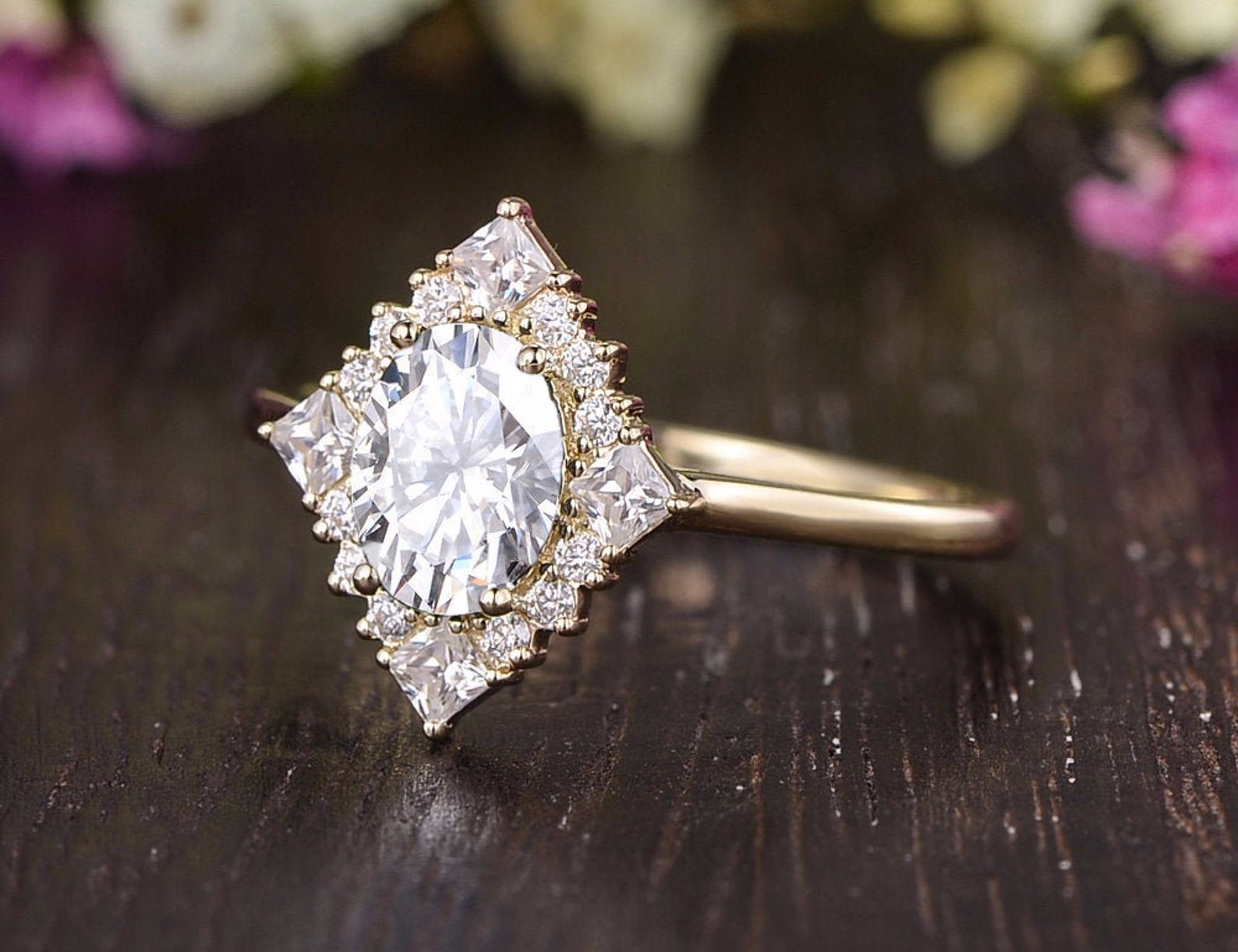 0.75 CT Oval Cluster Halo Moissanite Engagement Ring - crownmoissanite