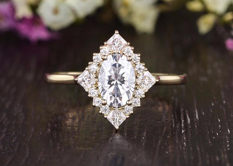0.75 CT Oval Cluster Halo Moissanite Engagement Ring - crownmoissanite