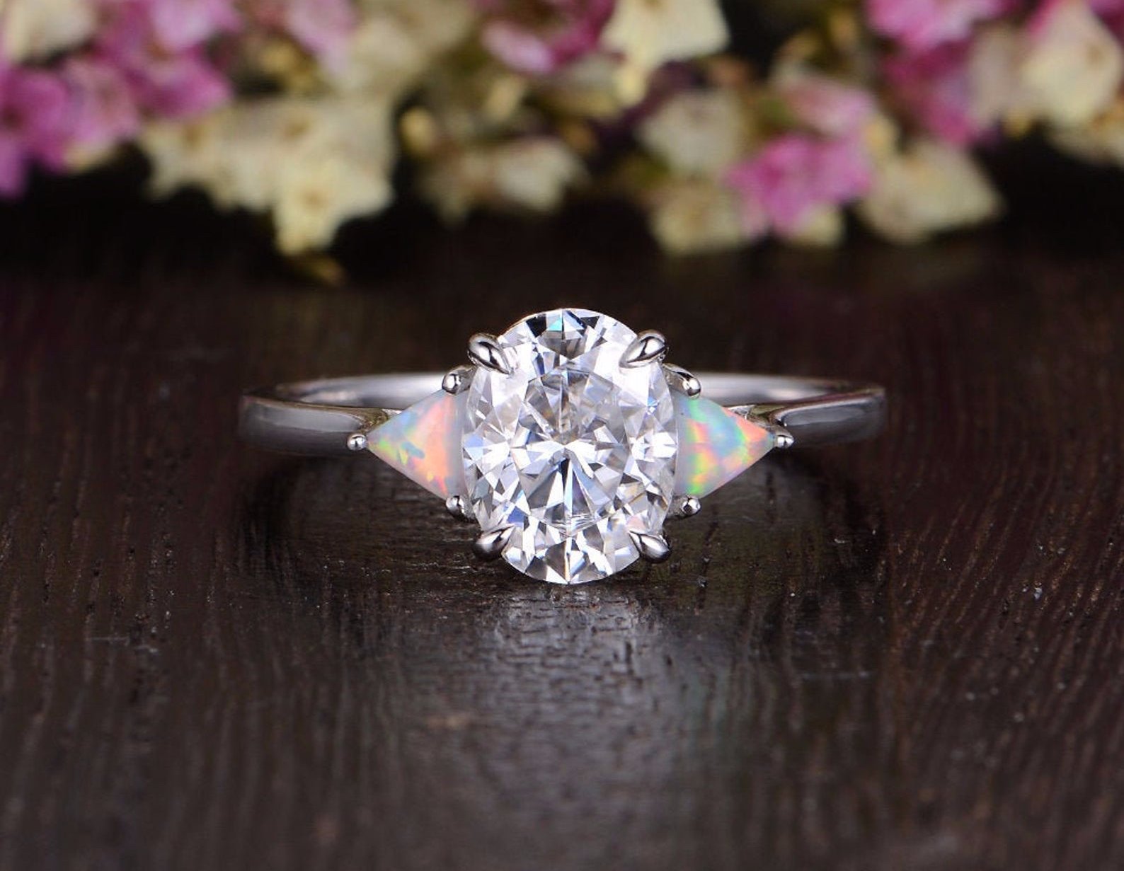 0.75 CT Oval Shaped Moissanite Three Stones Engagement Ring - crownmoissanite