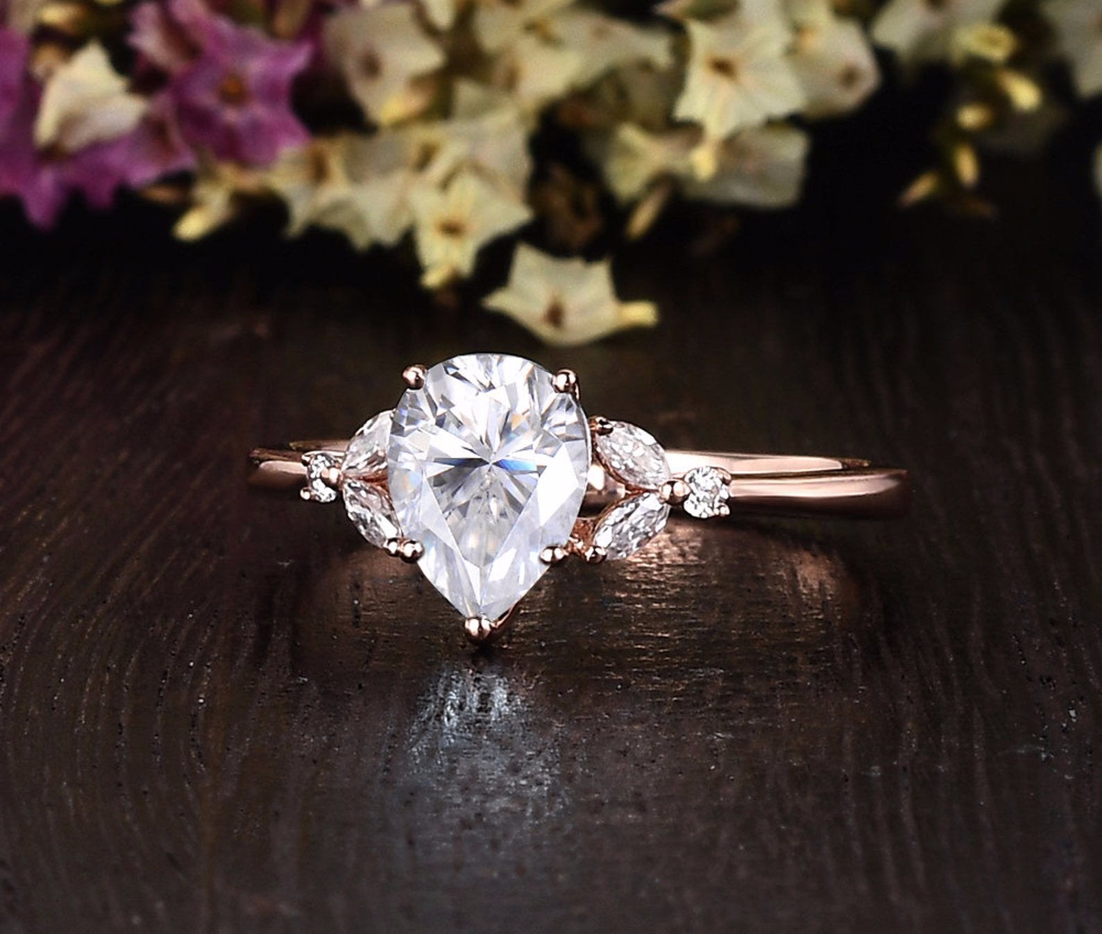 0.75 CT Pear Shaped Moissanite Cluster Engagement Ring - crownmoissanite