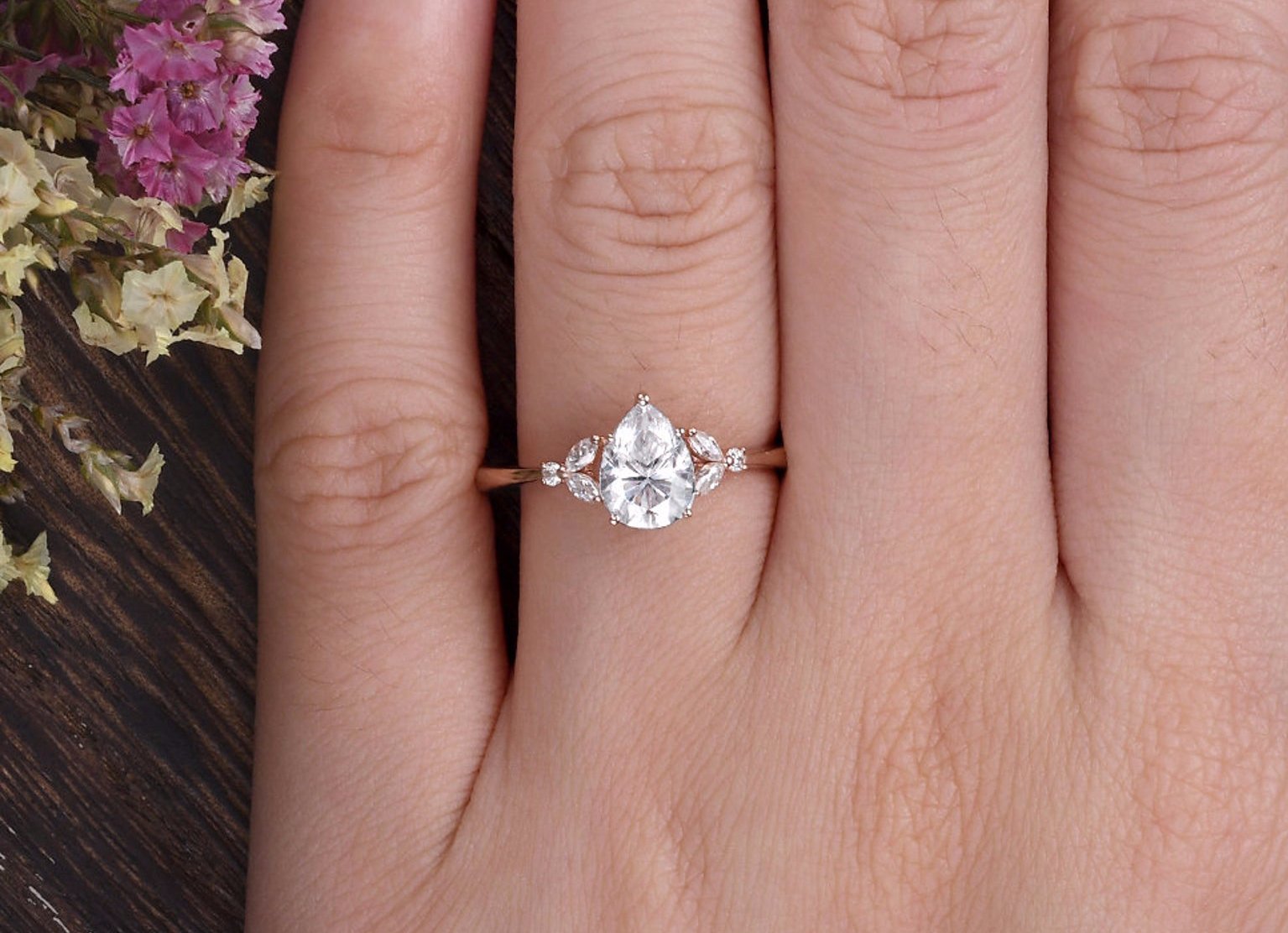 0.75 CT Pear Shaped Moissanite Cluster Engagement Ring - crownmoissanite