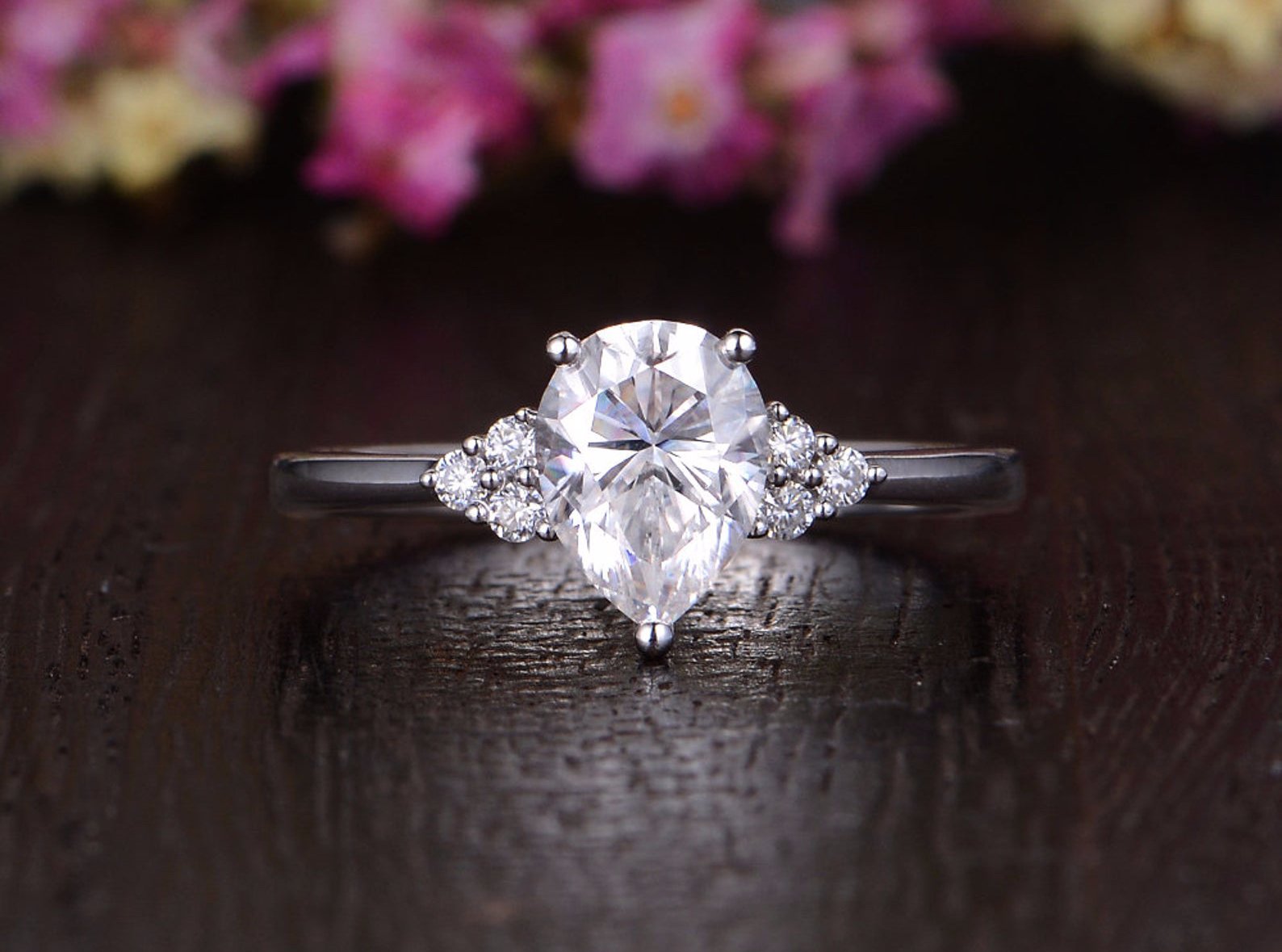 0.75 CT Pear Shaped Moissanite Cluster Engagement Ring - crownmoissanite
