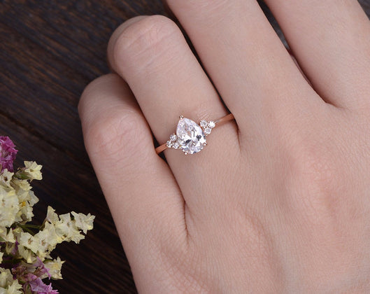 0.75 CT Pear Shaped Moissanite Cluster Engagement Ring - crownmoissanite