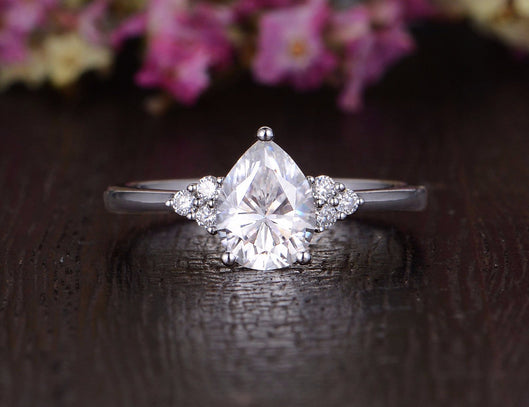 0.75 CT Pear Shaped Moissanite Cluster Engagement Ring - crownmoissanite
