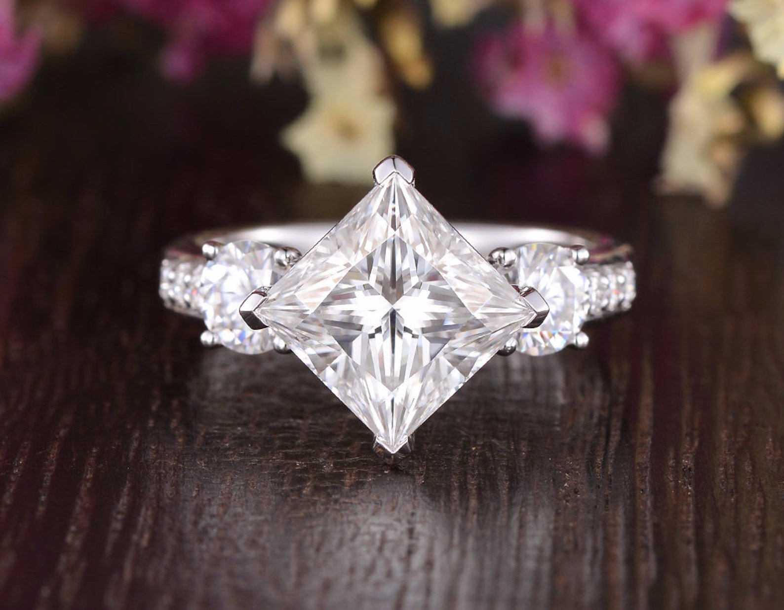 2.08 CT Princess Shaped Moissanite Three Stone Engagement Ring - crownmoissanite