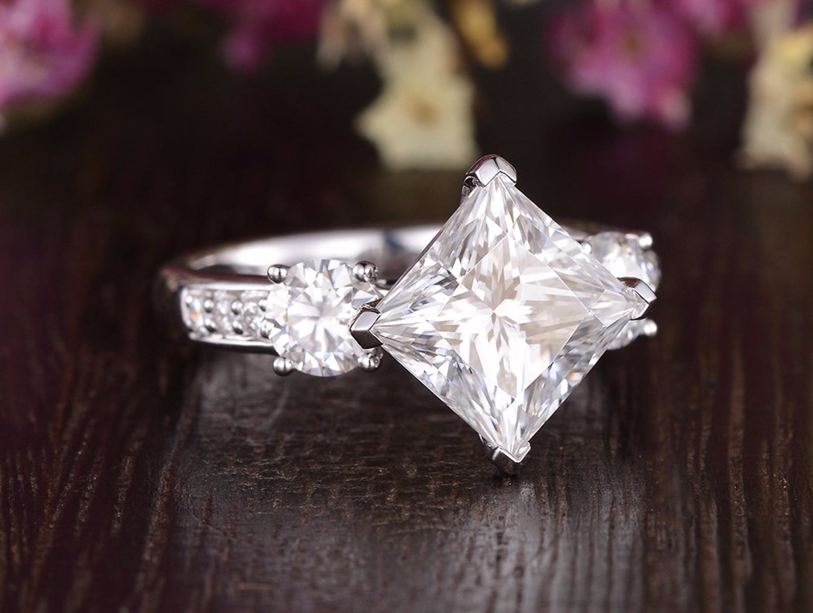 2.08 CT Princess Cut Three Stone Moissanite Engagement Ring - crownmoissanite