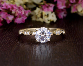 1.35 CT Round Cut Solitaire Milgrain Pave Setting Moissanite Engagement Ring - crownmoissanite