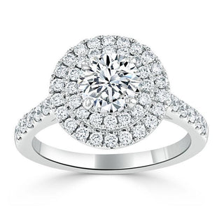 0.75 CT Round Cut Double Halo Moissanite Engagement Ring With Pave Setting - crownmoissanite