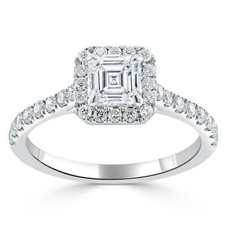 1.0 CT Asscher Cut Halo Pave Moissanite Engagement Ring - crownmoissanite