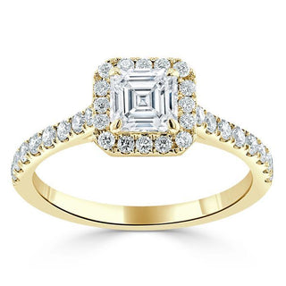 1.0 CT Asscher Cut Halo Pave Moissanite Engagement Ring - crownmoissanite